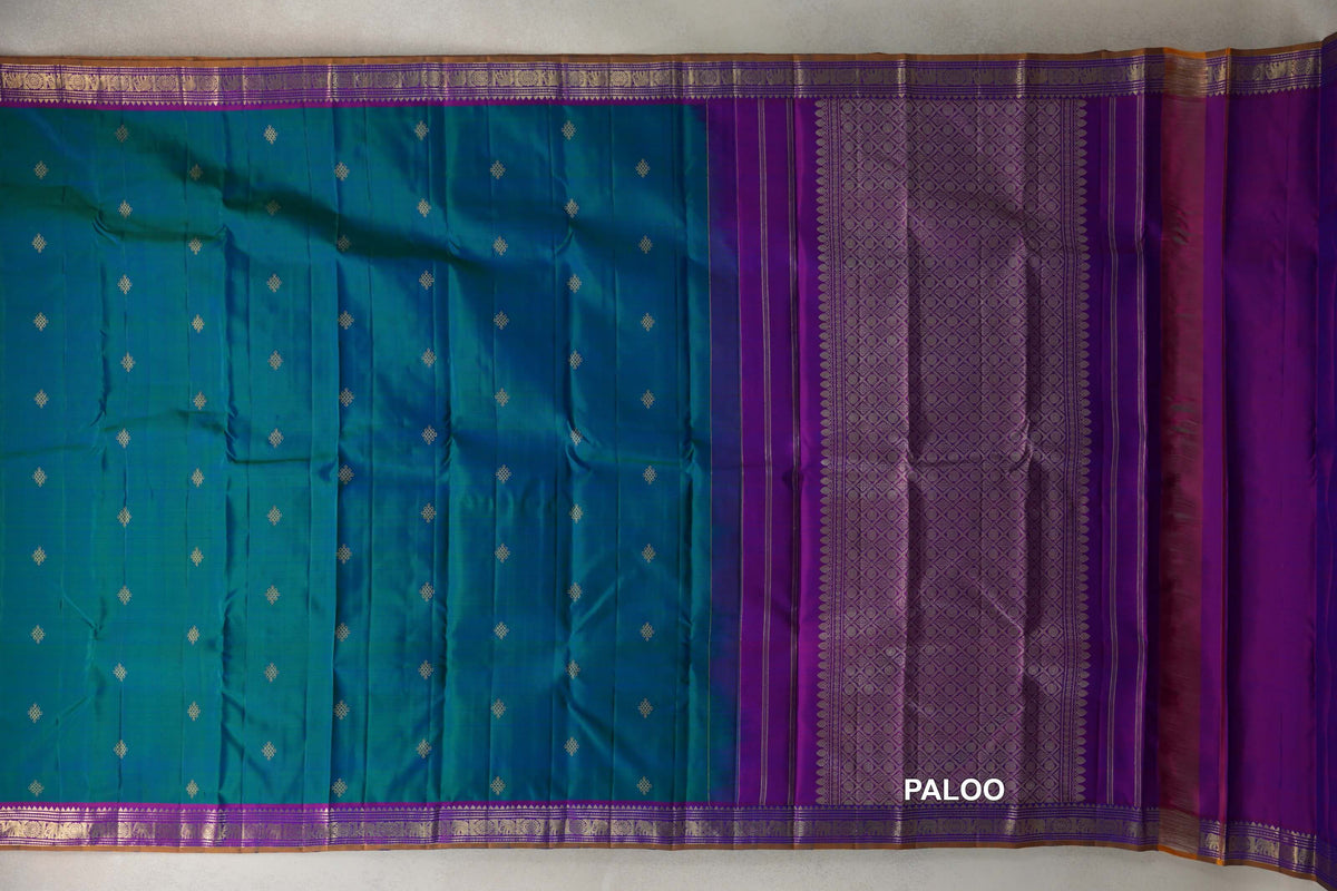 Peacock Blue with Dual Tone of Violet and Rani Pink with Mustard Oil Selvedge Borders Vintage Kanjivaram Silk Saree paloo