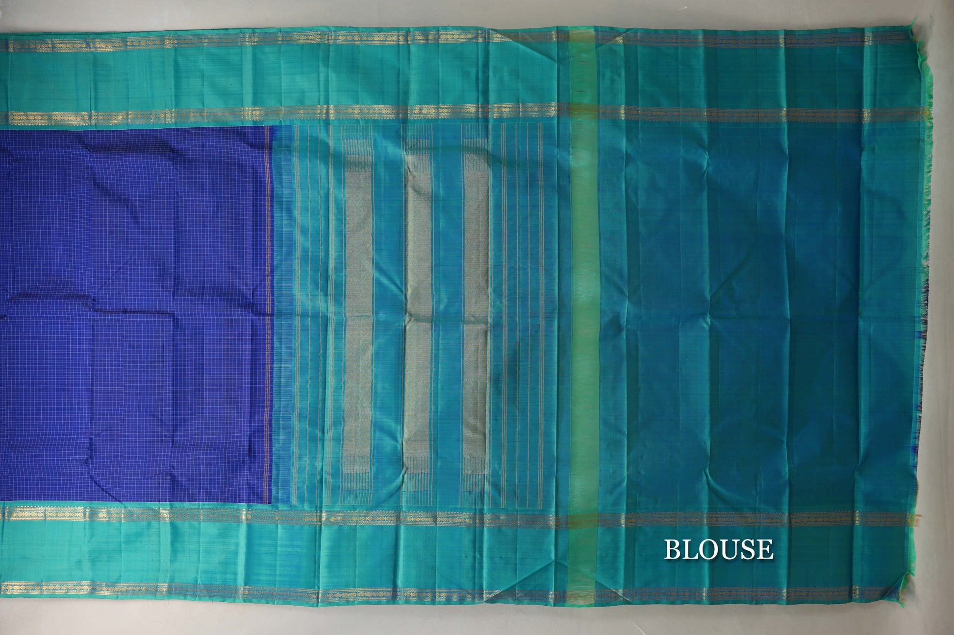 Deep Blue with Bluish Green Rettai Pettu Borders Vintage Kanjivaram Silk Saree blouse