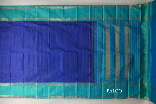 Deep Blue with Bluish Green Rettai Pettu Borders Vintage Kanjivaram Silk Saree paloo
