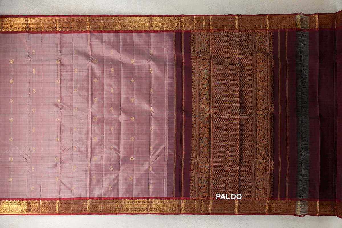 Onion Pink with Deep Maroon Borders Vintage Kanjivaram Silk Saree paloo