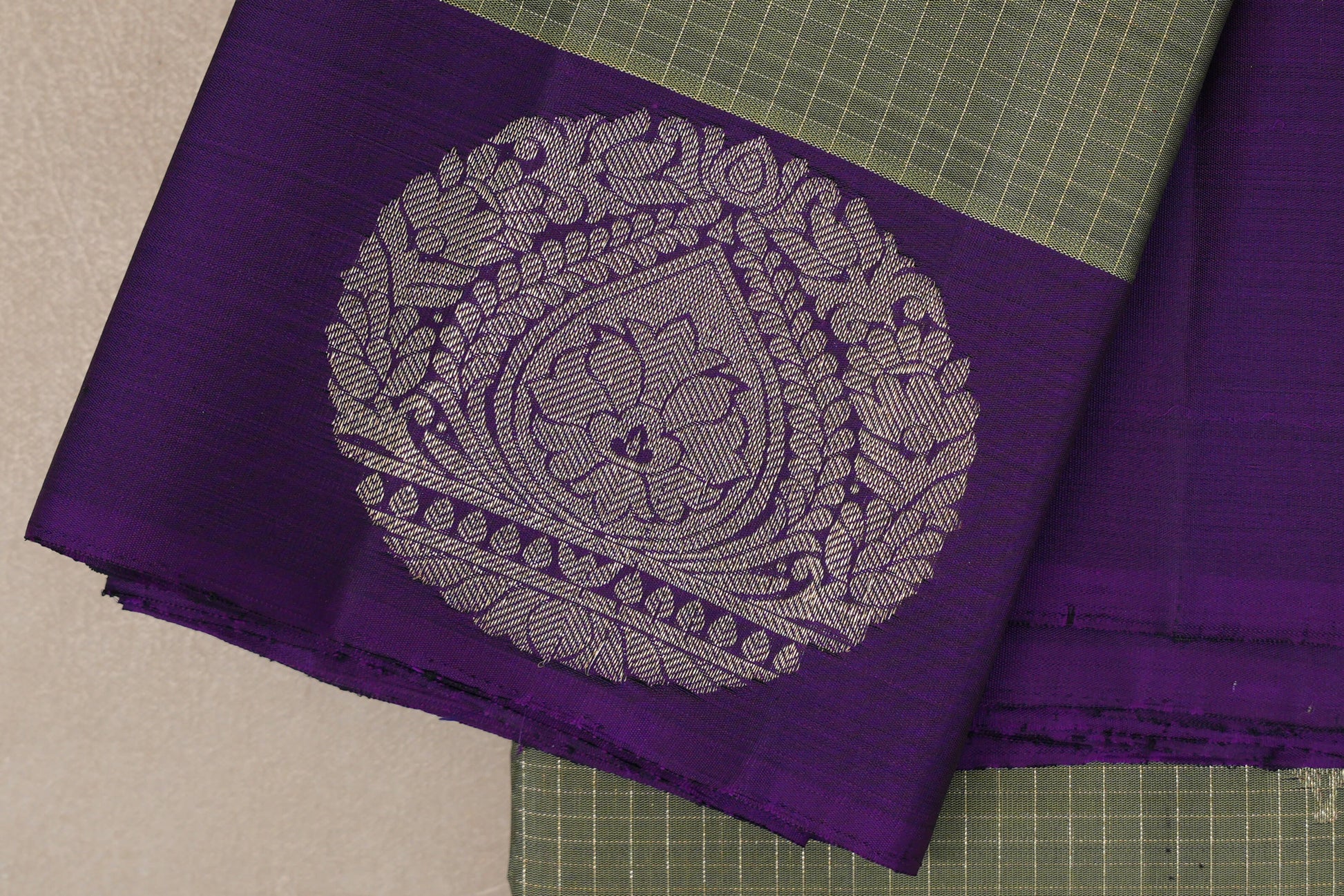 Grey/ Olive Green Vintage Kanjivaram Silk Saree borders