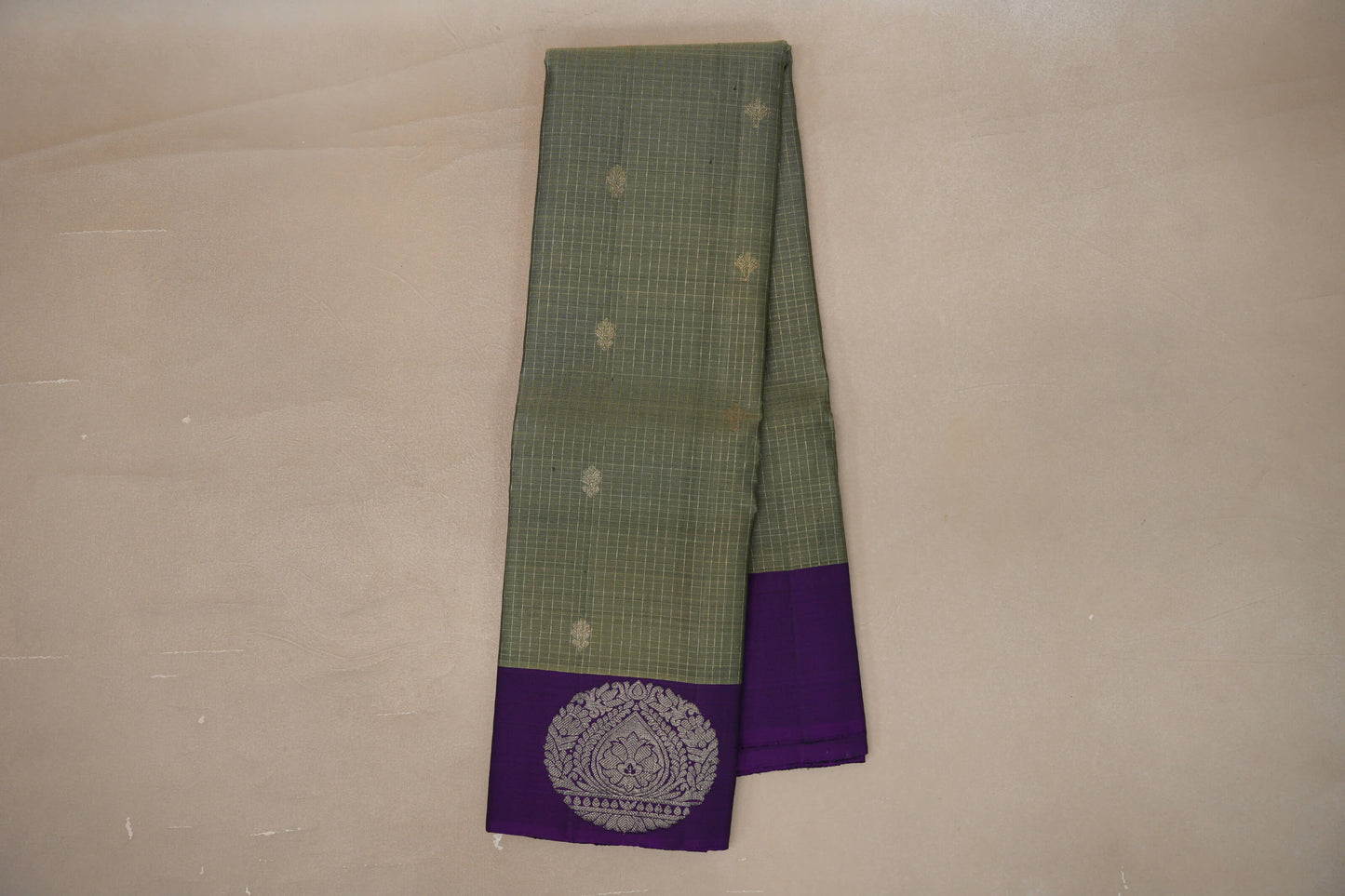 Online Grey/ Olive Green with Violet Borders Vintage Kanjivaram Silk Saree