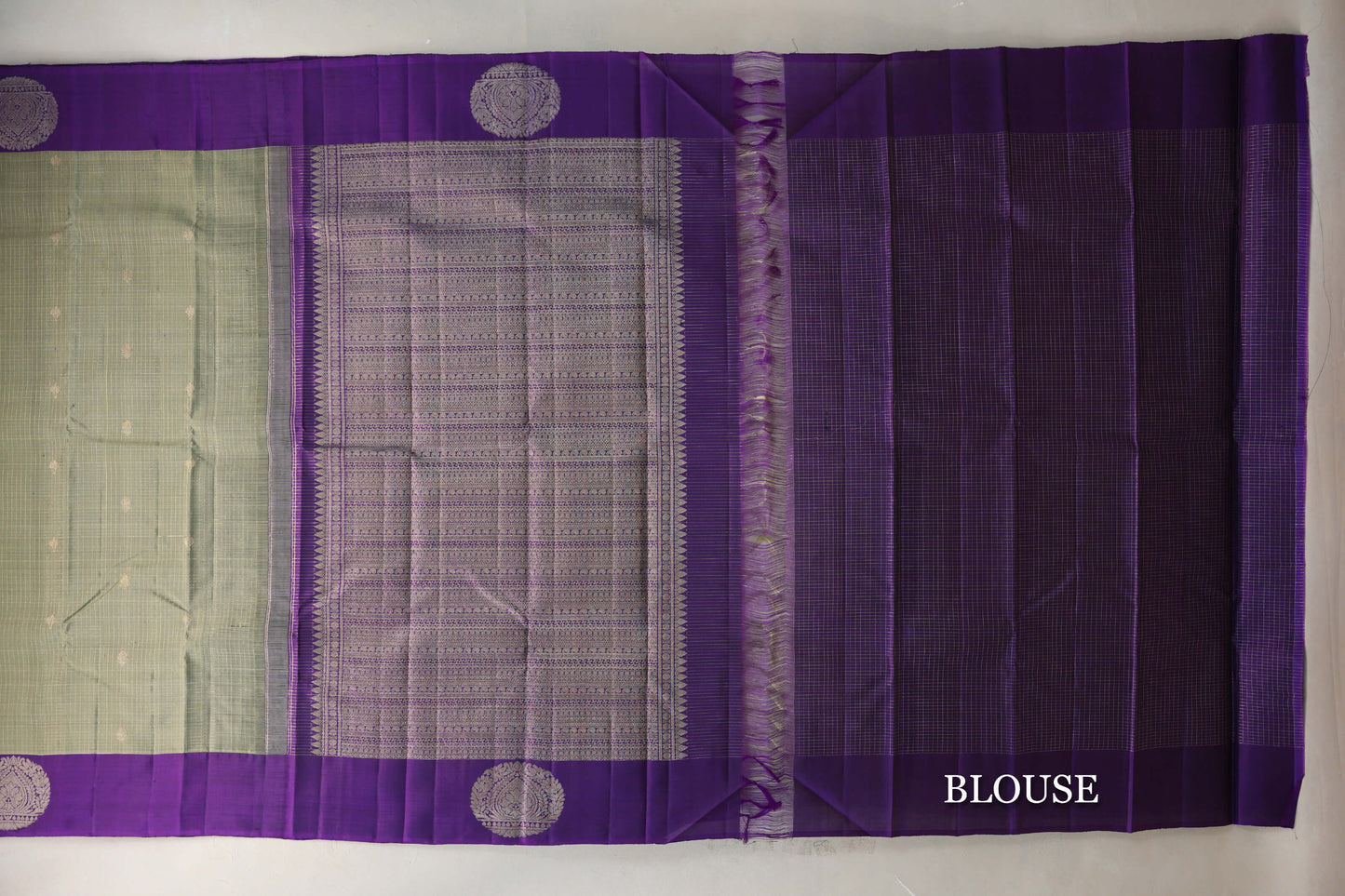 Grey/ Olive Green with Violet Borders Vintage Kanjivaram Silk Saree blouse