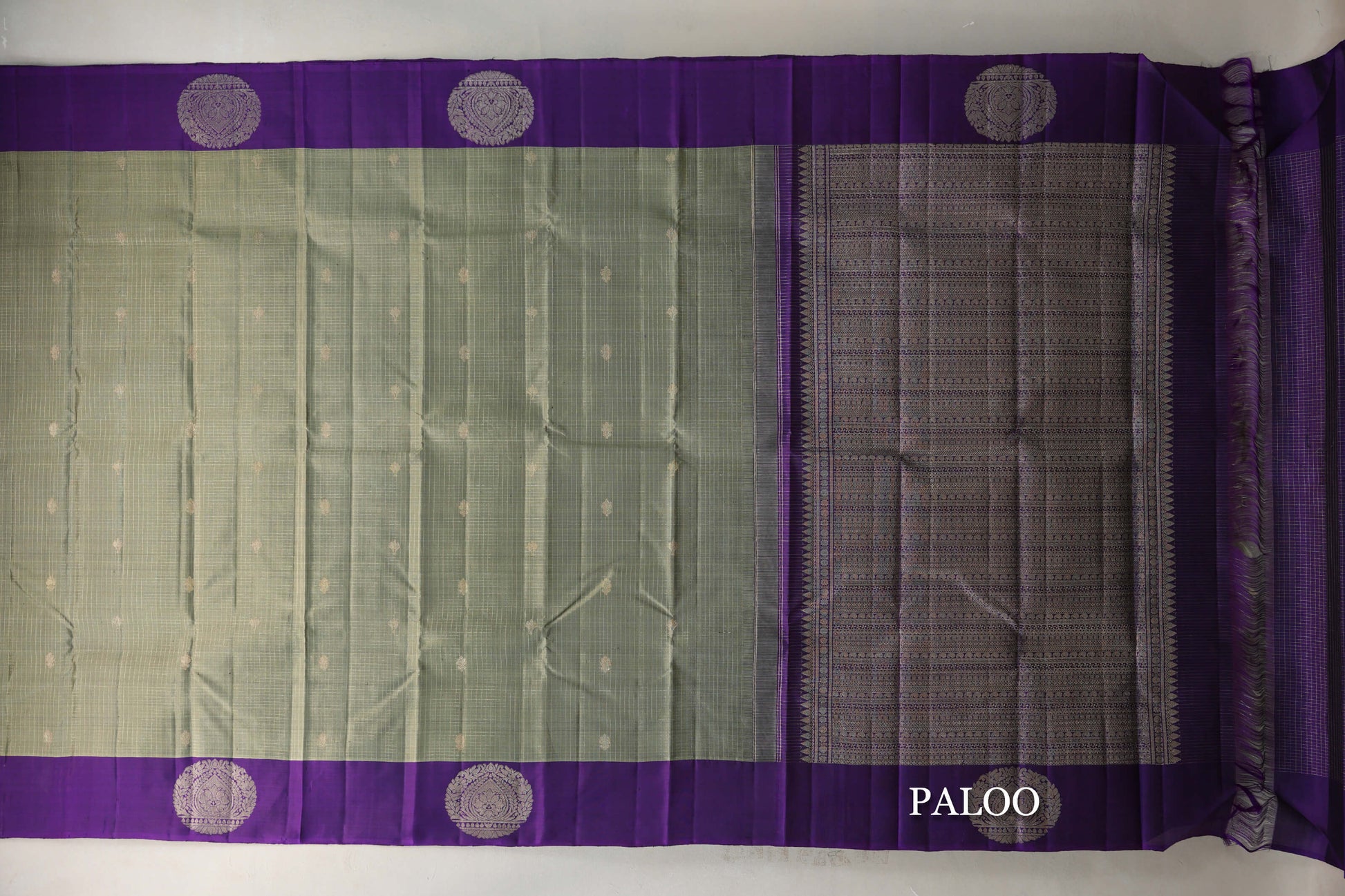 Grey/ Olive Green with Violet Borders Vintage Kanjivaram Silk Saree paloo