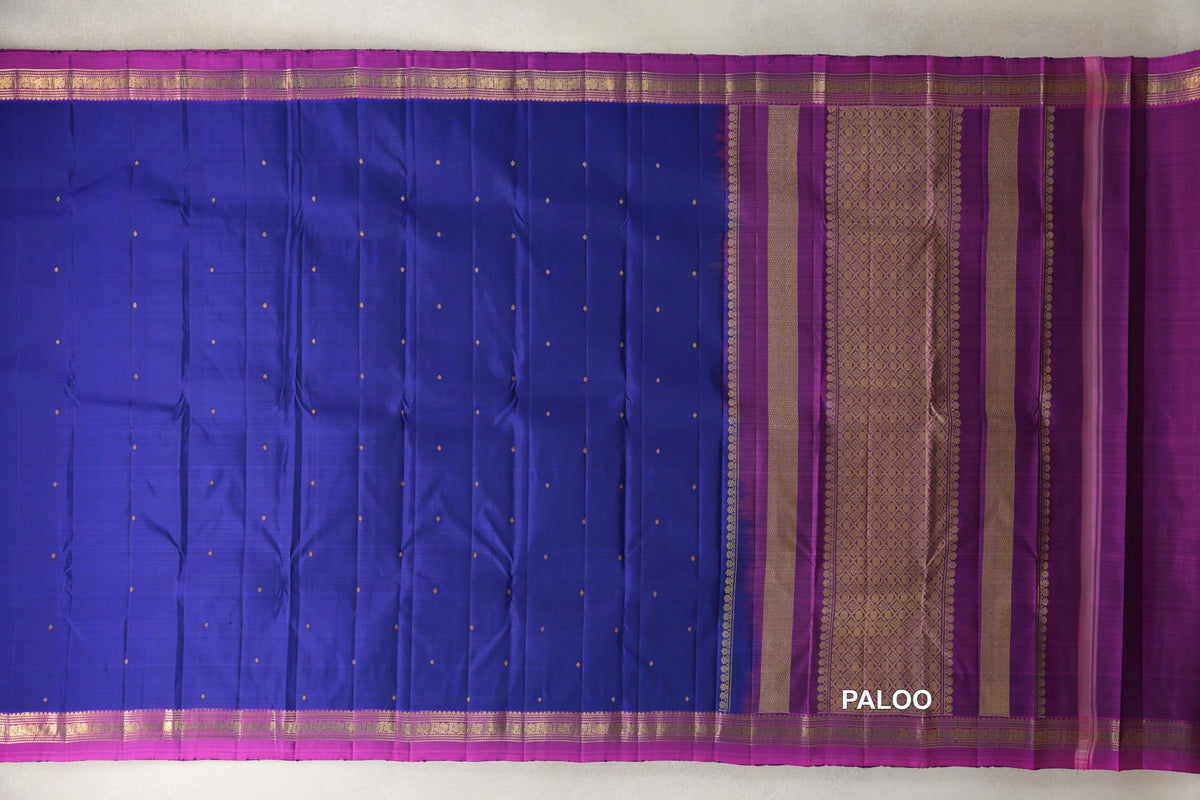 Deep Royal Blue with Magenta Borders Vintage Kanjivaram Silk Saree paloo