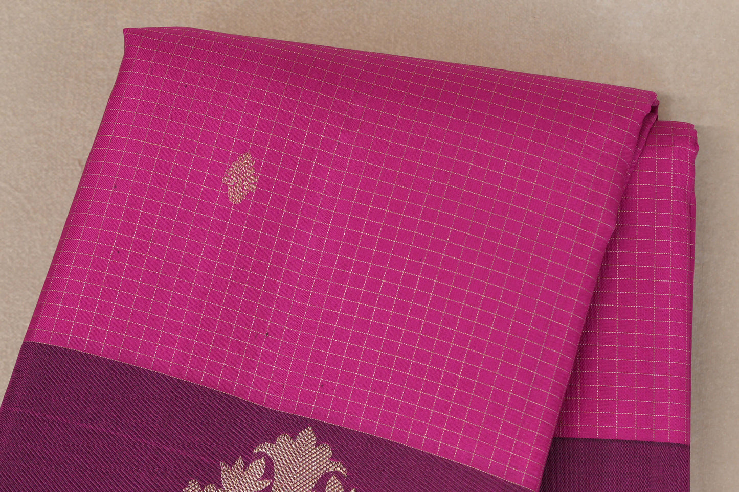 Bright Magenta with Deep Magenta Borders Vintage Kanjivaram Silk Saree checked body