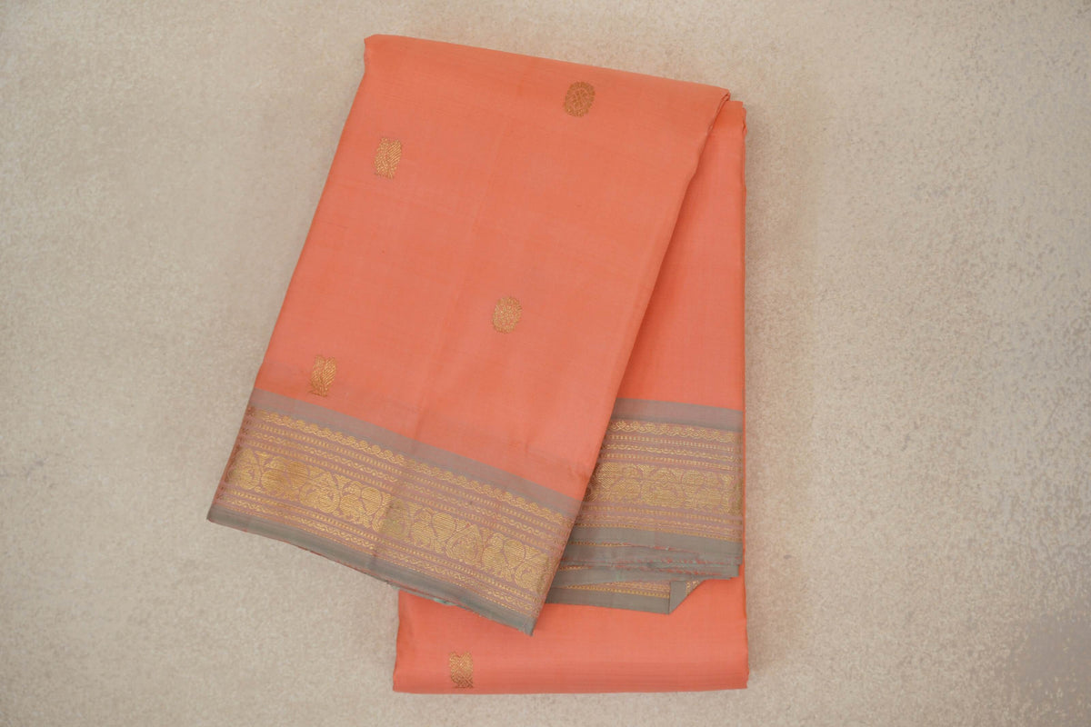 Light Salmon Pink with Pastel Sage Green Borders Vintage Kanjivaram Silk Saree