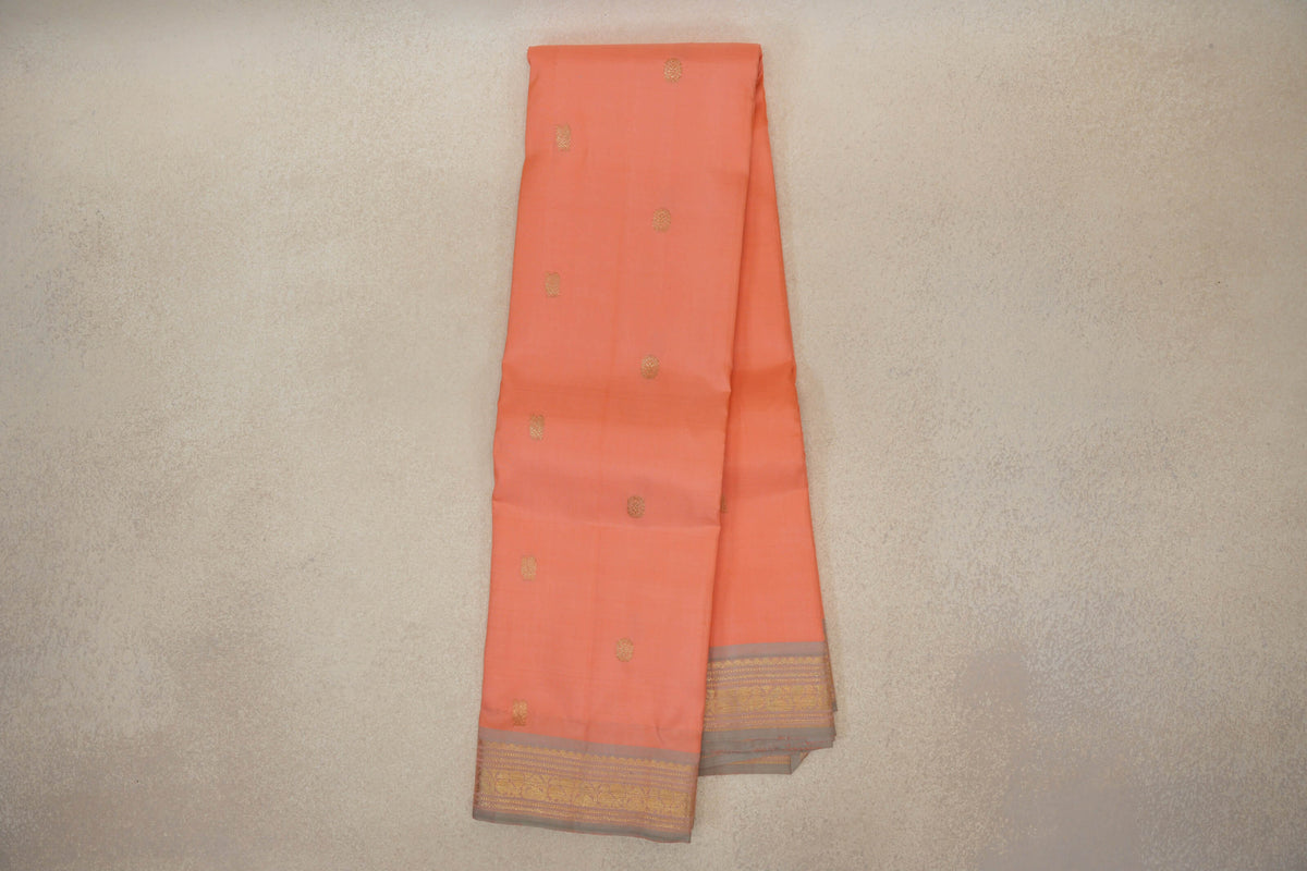 Online Light Salmon Pink with Pastel Sage Green Borders Vintage Kanjivaram Silk Saree