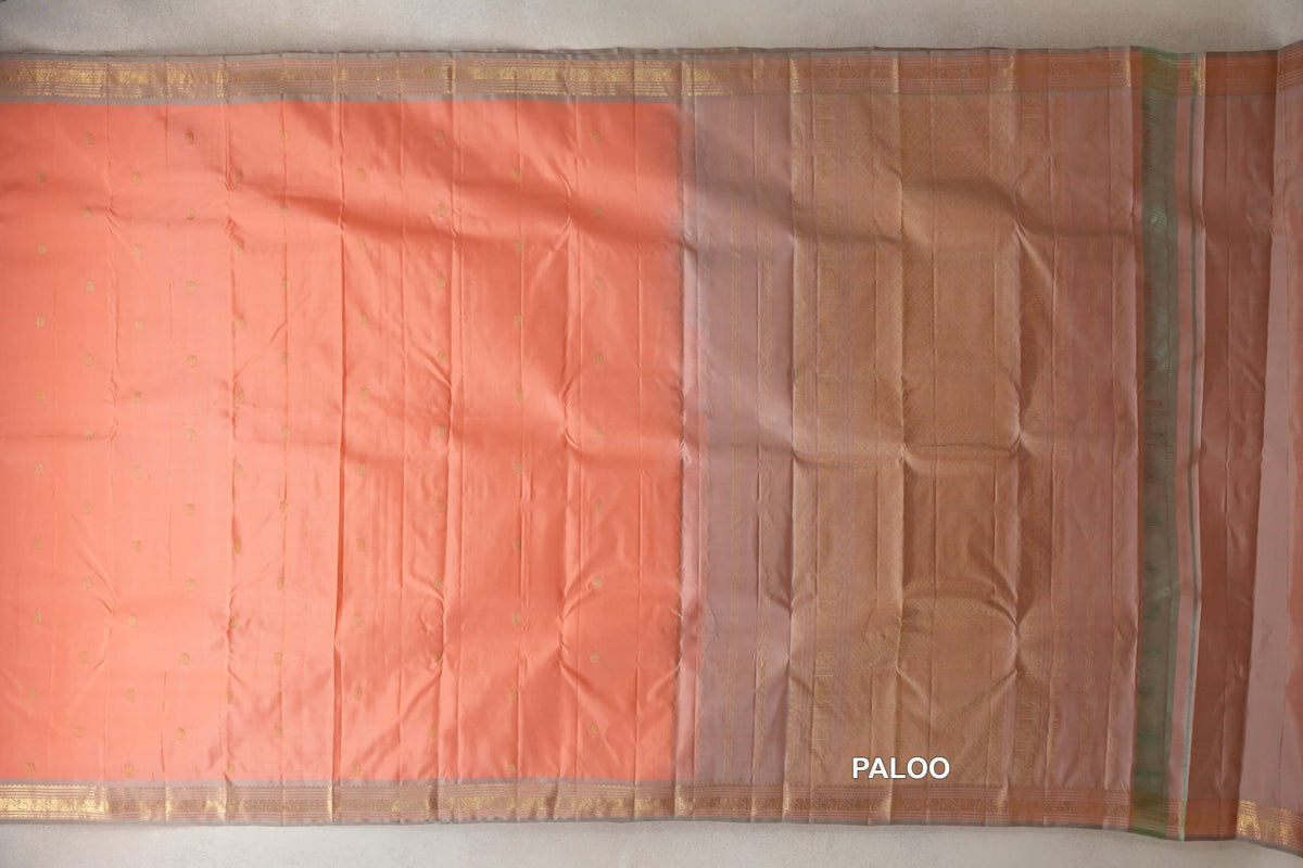 Light Salmon Pink with Pastel Sage Green Borders Vintage Kanjivaram Silk Saree paloo