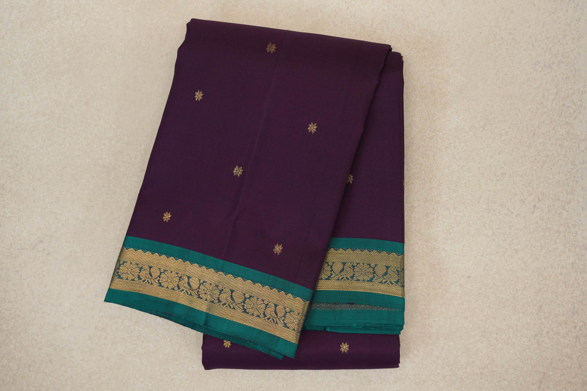 Deep Purple with Peacock Green Borders Vintage Kanjivaram Silk Saree