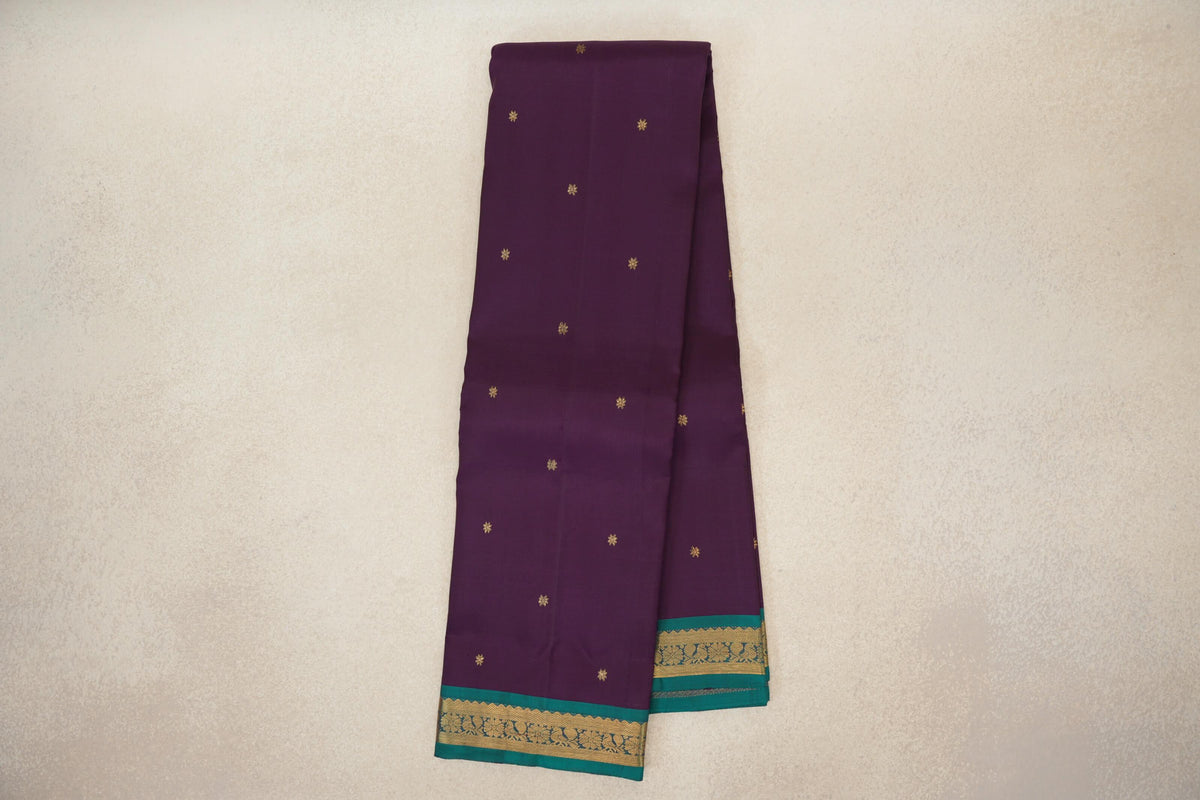 Online Deep Purple with Peacock Green Borders Vintage Kanjivaram Silk Saree