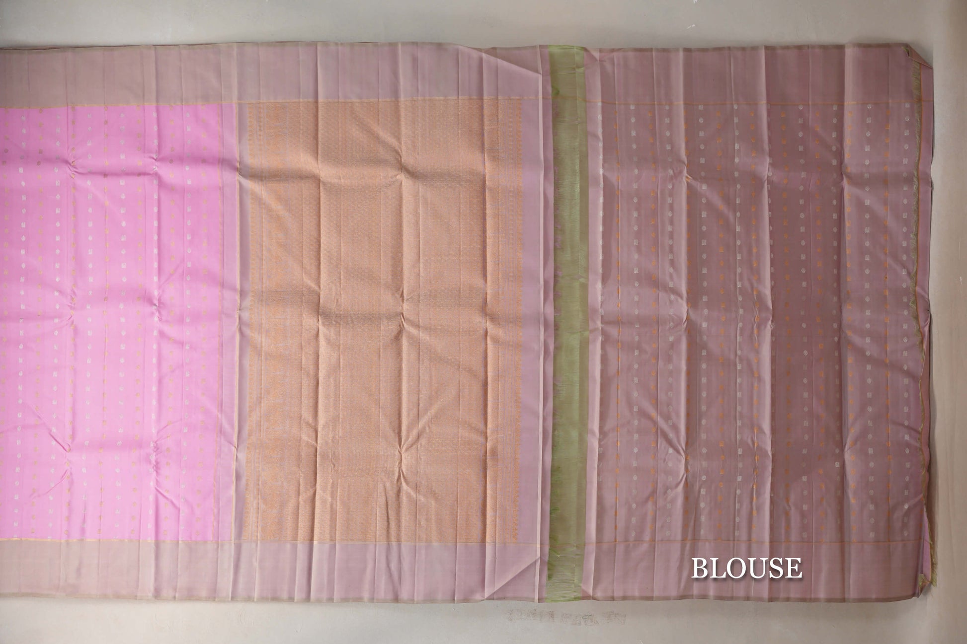 Pastel Pink with Dual Tone of Pink and Elaichi Green Borders Vintage Kanjivaram Silk Saree blouse