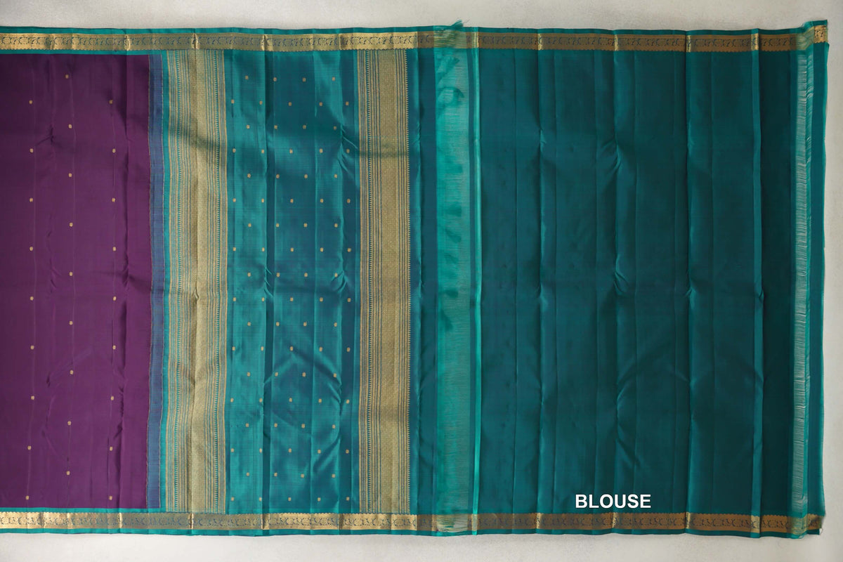 Deep Purple with Peacock Green Borders Vintage Kanjivaram Silk Saree blouse