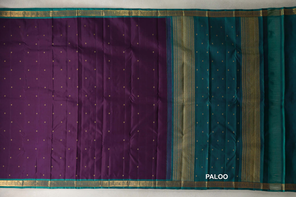 Deep Purple with Peacock Green Borders Vintage Kanjivaram Silk Saree paloo