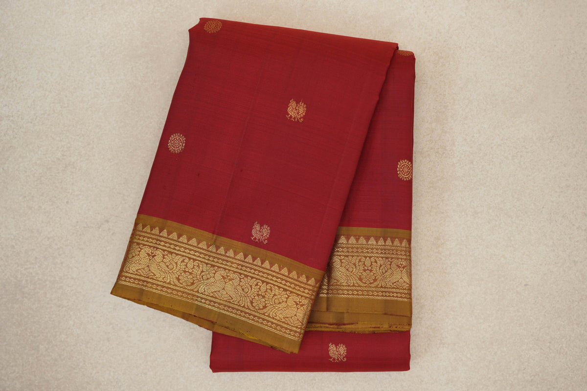 Deep Red with Golden Olive Green Borders Vintage Kanjivaram Silk Saree