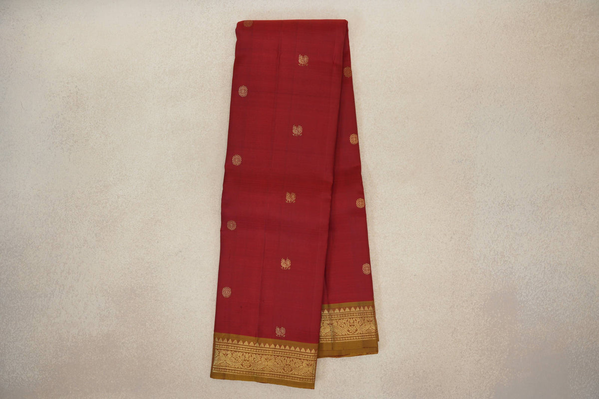 Online Deep Red with Golden Olive Green Borders Vintage Kanjivaram Silk Saree