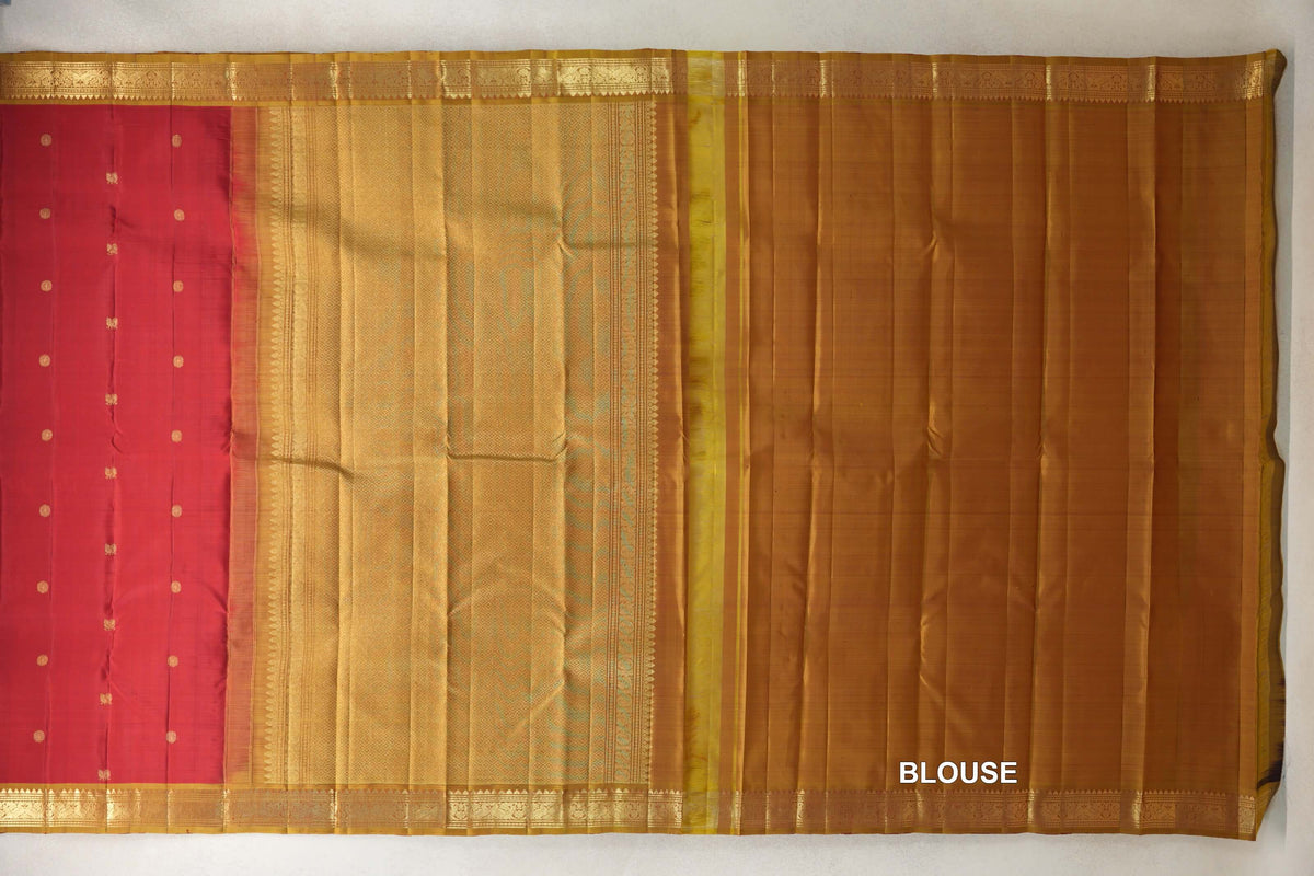 Deep Red with Golden Olive Green Borders Vintage Kanjivaram Silk Saree blouse