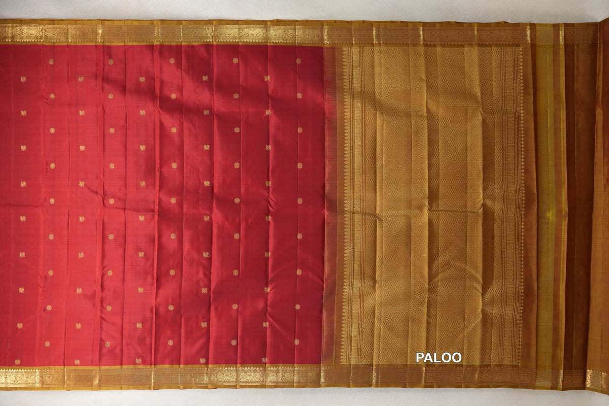 Deep Red with Golden Olive Green Borders Vintage Kanjivaram Silk Saree paloo