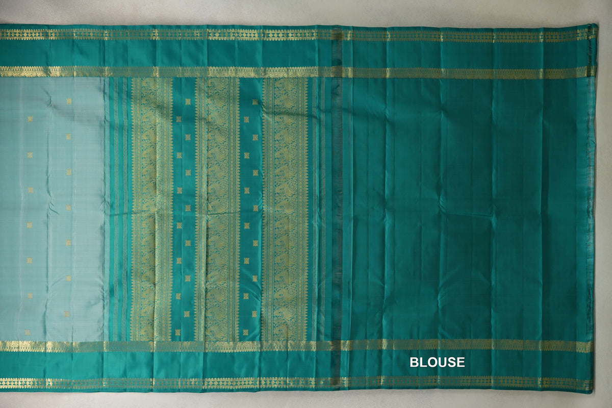 Pastel Aqua Green with Aqua Green Rettai Pettu Borders Vintage Kanjivaram Silk Saree blouse