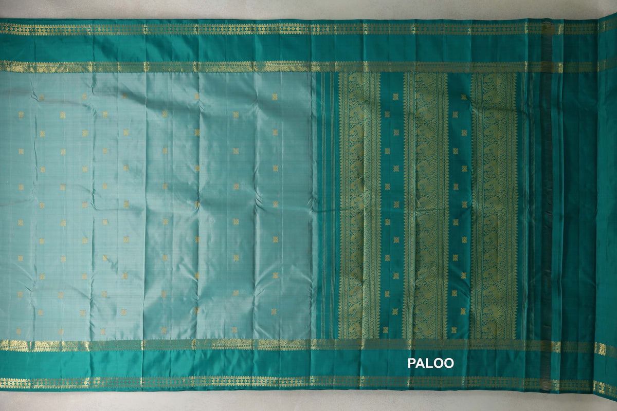 Pastel Aqua Green with Aqua Green Rettai Pettu Borders Vintage Kanjivaram Silk Saree paloo