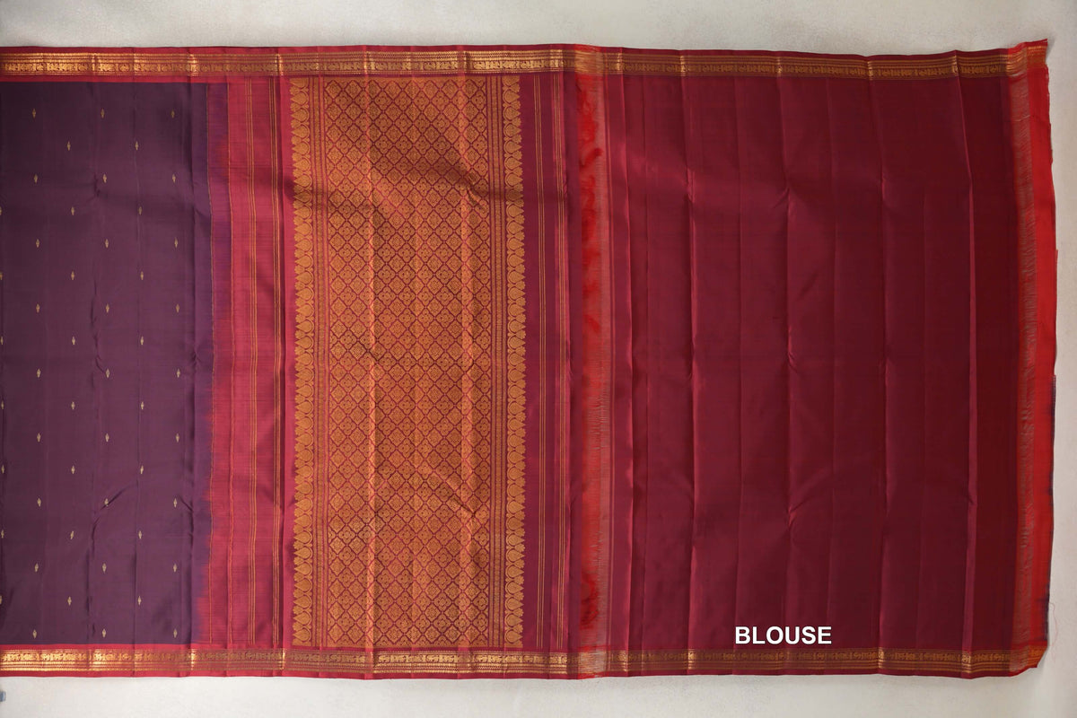 Deep Plum with Deep Red Borders Vintage Kanjivaram Silk Saree blouse