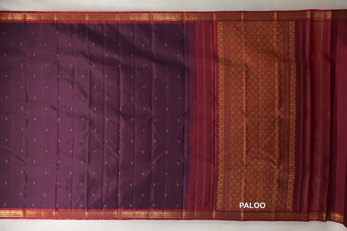 Deep Plum with Deep Red Borders Vintage Kanjivaram Silk Saree paloo