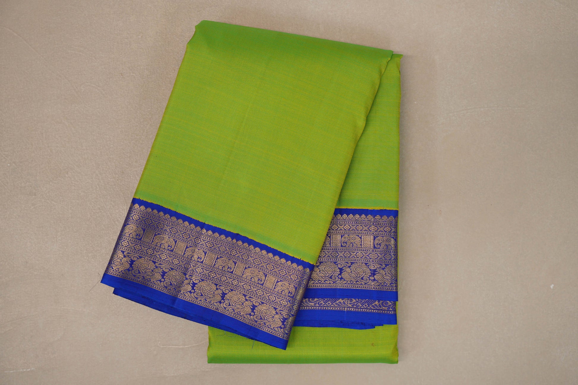 Dual Tone of Yellow and Green with Deep Royal Blue Borders Vintage Kanjivaram Silk Saree