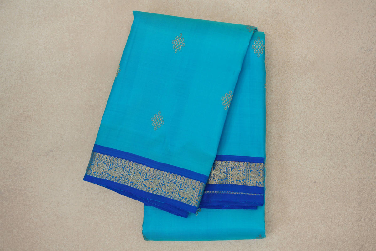 Bright Aqua Blue with Deep Classic Blue Borders Vintage Kanjivaram Silk Saree 