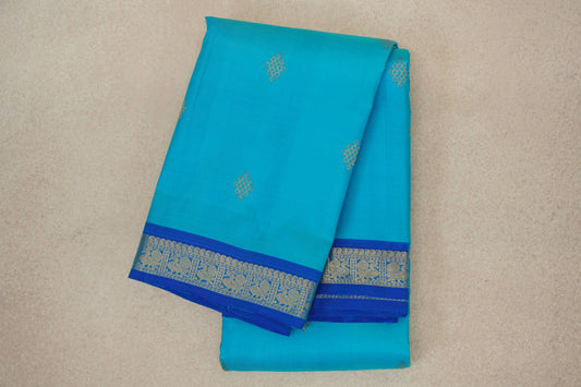Bright Aqua Blue with Deep Classic Blue Borders Vintage Kanjivaram Silk Saree 