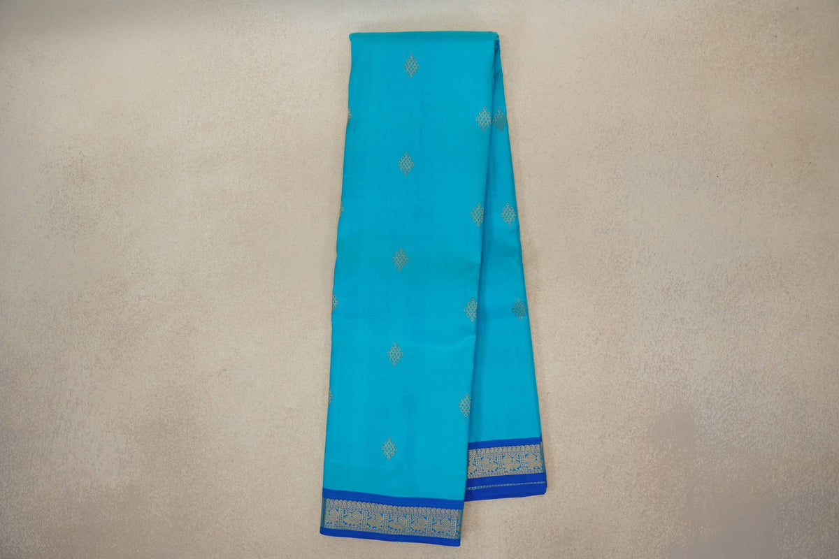 Online Bright Aqua Blue with Deep Classic Blue Borders Vintage Kanjivaram Silk Saree 