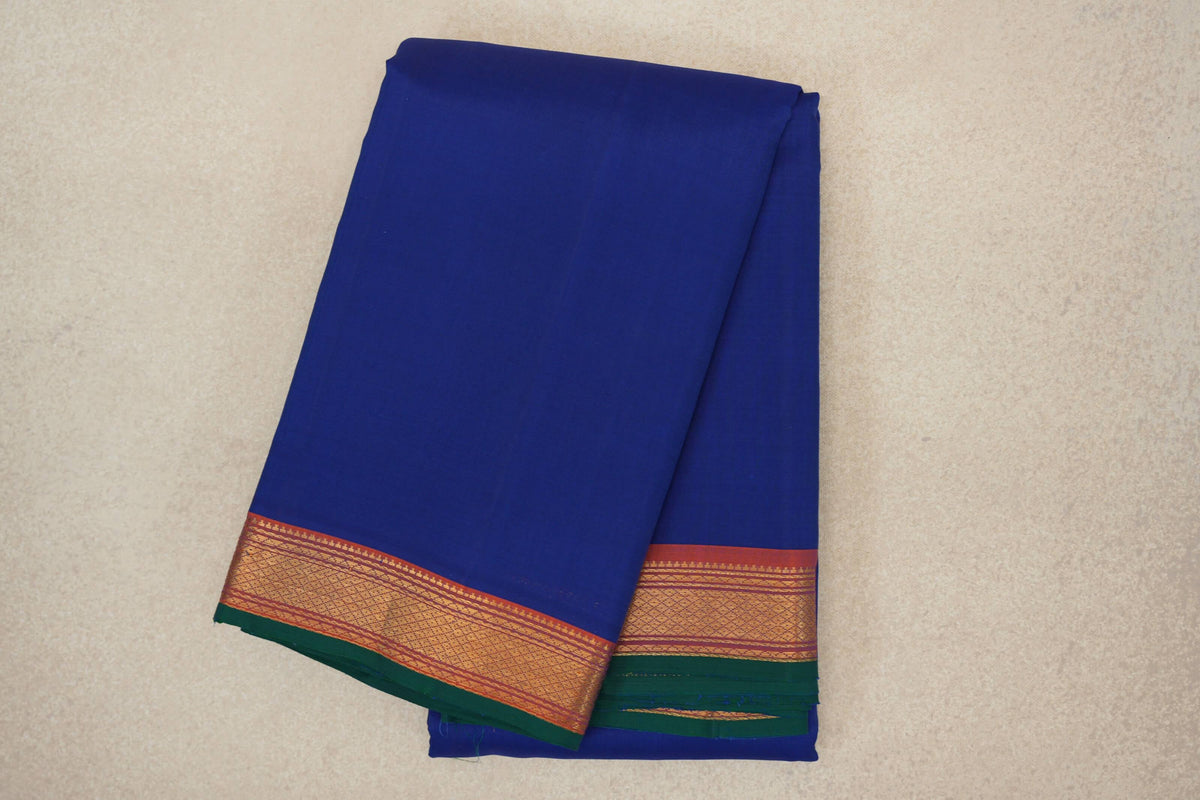 Deep Blue with Deep Orange with Bottle Green Selvedge Borders Vintage Kanjivaram Silk Saree 