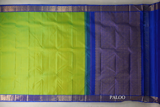Dual Tone of Yellow and Green with Deep Royal Blue Borders Vintage Kanjivaram Silk Saree paloo