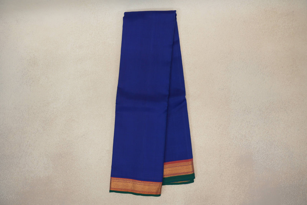 Online Deep Blue with Deep Orange with Bottle Green Selvedge Borders Vintage Kanjivaram Silk Saree 