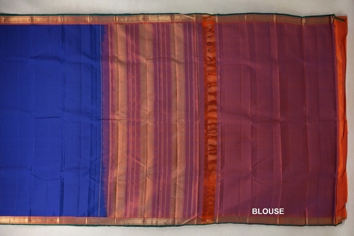 Deep Blue with Deep Orange with Bottle Green Selvedge Borders Vintage Kanjivaram Silk Saree blouse