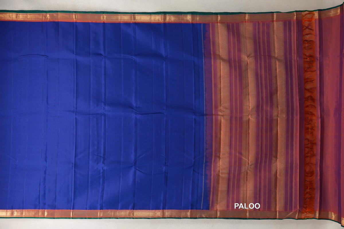 Deep Blue with Deep Orange with Bottle Green Selvedge Borders Vintage Kanjivaram Silk Saree paloo