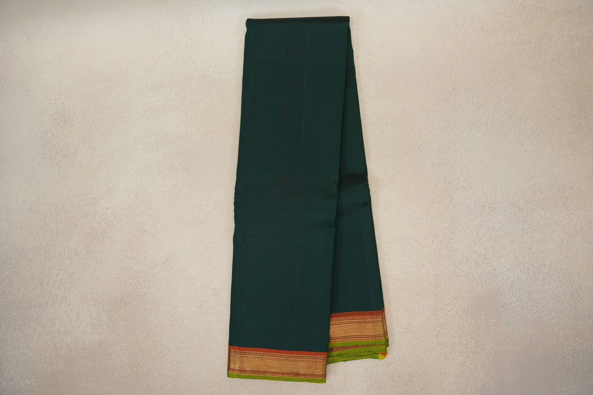 Online Deep Bottle Green with Deep Orange with Parrot Green Selvedge Borders Vintage Kanjivaram Silk Saree