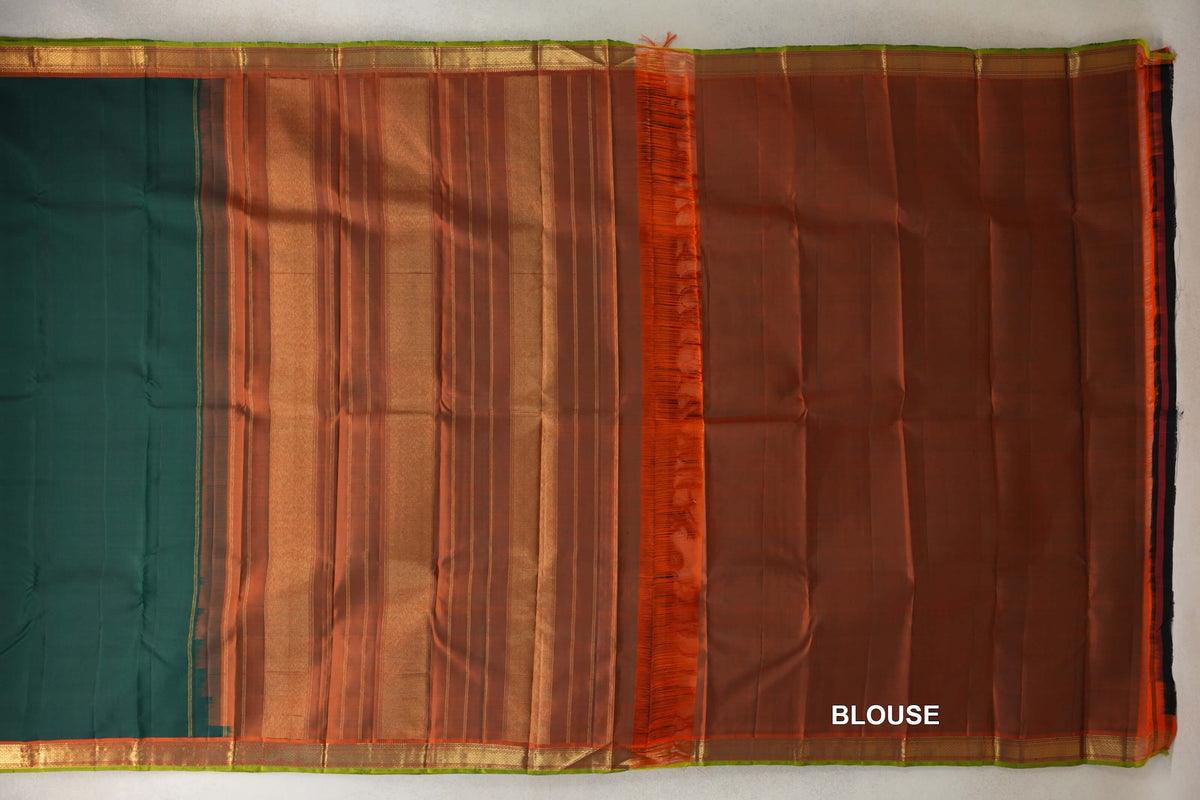 Deep Bottle Green with Deep Orange with Parrot Green Selvedge Borders Vintage Kanjivaram Silk Saree blouse