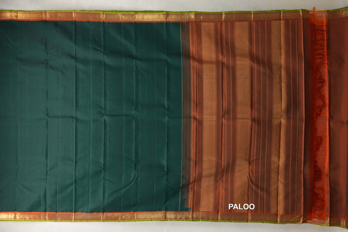 Deep Bottle Green with Deep Orange with Parrot Green Selvedge Borders Vintage Kanjivaram Silk Saree SS10523
