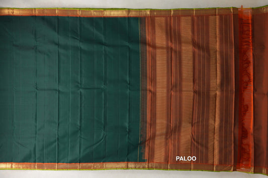 Deep Bottle Green with Deep Orange with Parrot Green Selvedge Borders Vintage Kanjivaram Silk Saree SS10523