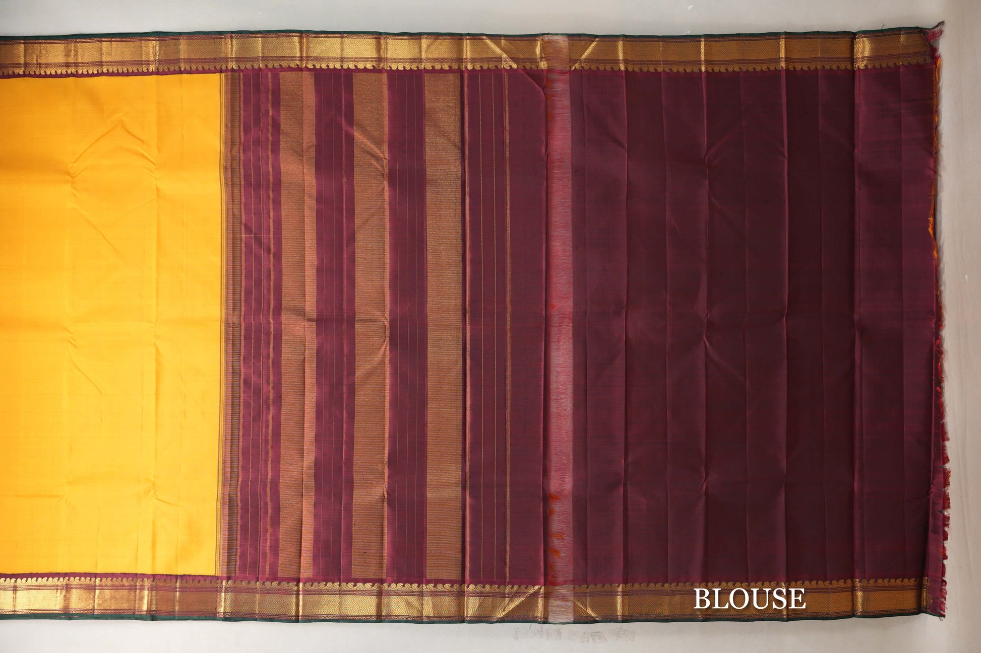 Turmeric Yellow with Reddish Maroon Borders Vintage Kanjivaram Silk Saree blouse