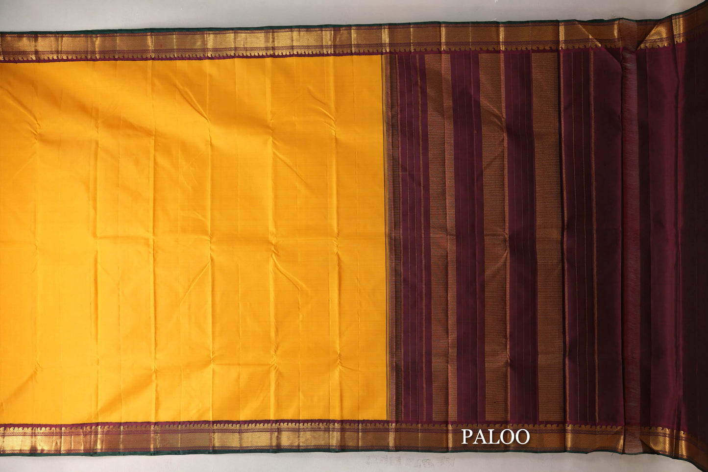 Turmeric Yellow with Reddish Maroon Borders Vintage Kanjivaram Silk Saree paloo
