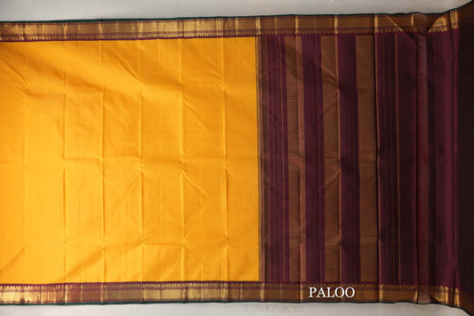 Turmeric Yellow with Reddish Maroon Borders Vintage Kanjivaram Silk Saree paloo