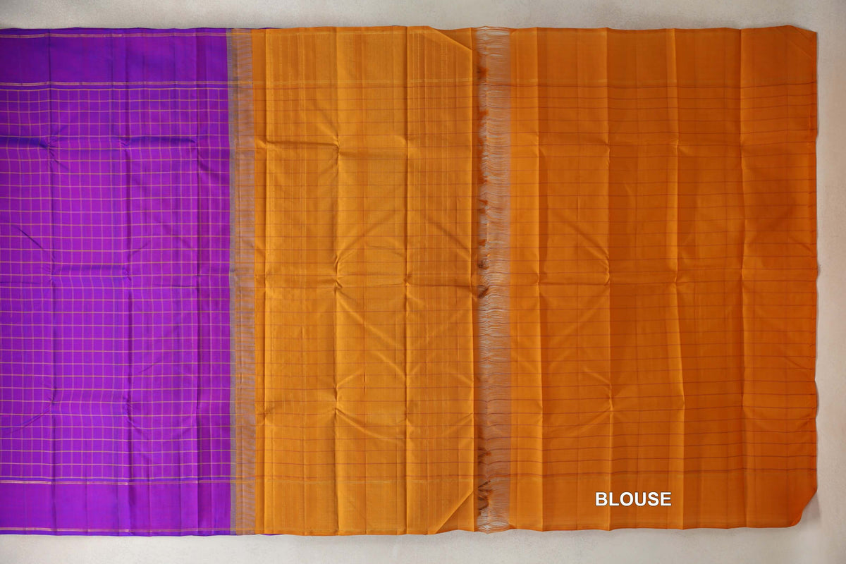 Dual Tone of Violet and Magenta with Rettai Pettu Borders Vintage Kanjivaram Silk Saree blouse