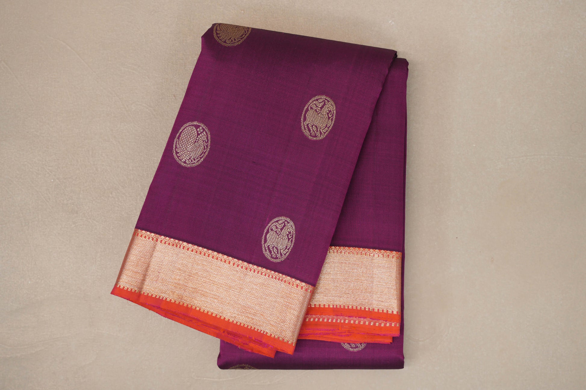 Deep Magenta with Pinkish Orange Borders Vintage Kanjivaram Silk Saree