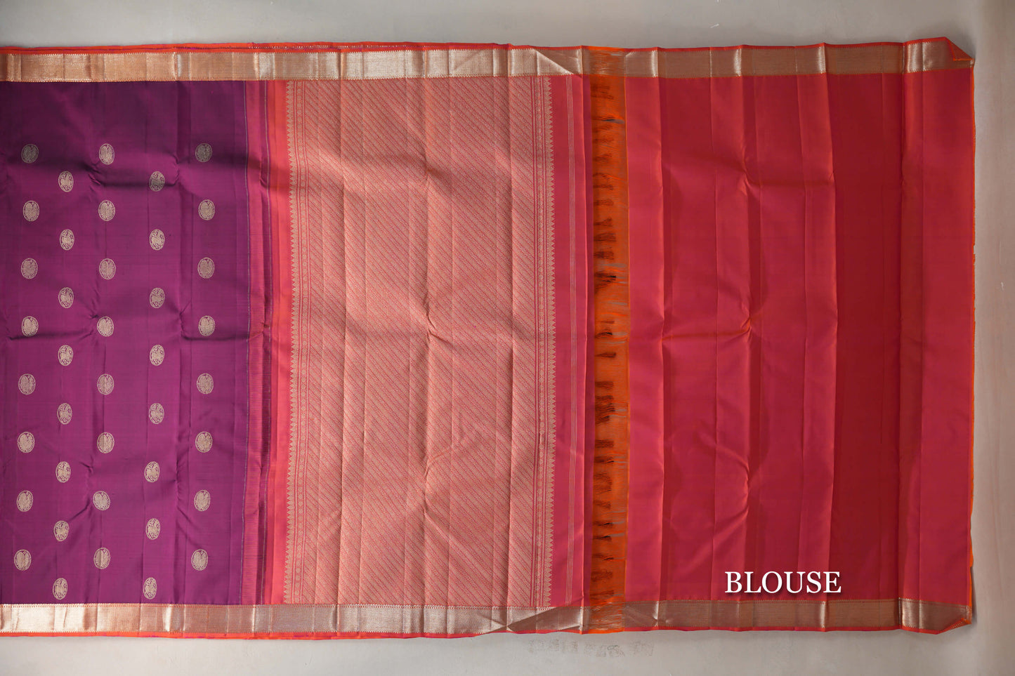 Deep Magenta with Pinkish Orange Borders Vintage Kanjivaram Silk Saree blouse