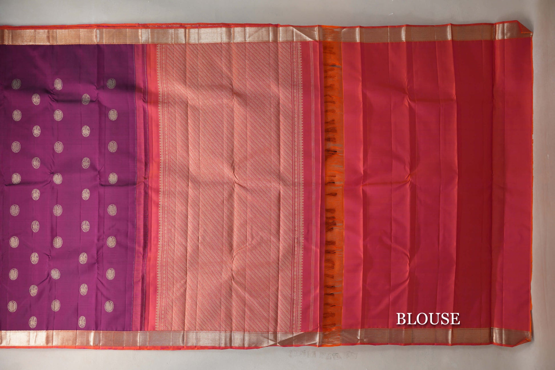 Deep Magenta with Pinkish Orange Borders Vintage Kanjivaram Silk Saree blouse