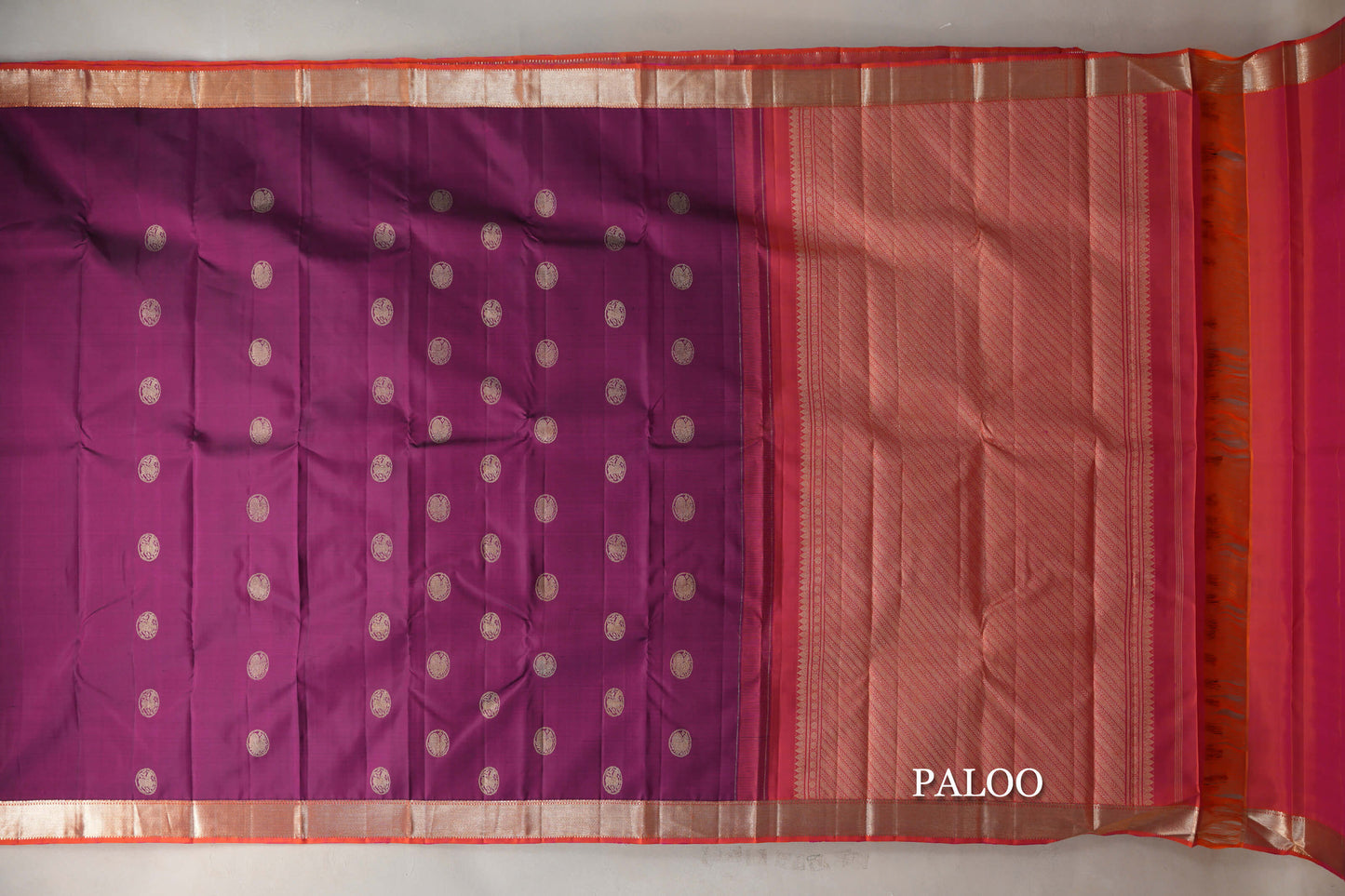 Deep Magenta with Pinkish Orange Borders Vintage Kanjivaram Silk Saree paloo