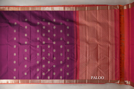 Deep Magenta with Pinkish Orange Borders Vintage Kanjivaram Silk Saree paloo