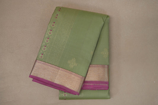 Pistachio Green with Dusty Pink Borders Vintage Kanjivaram Silk Saree