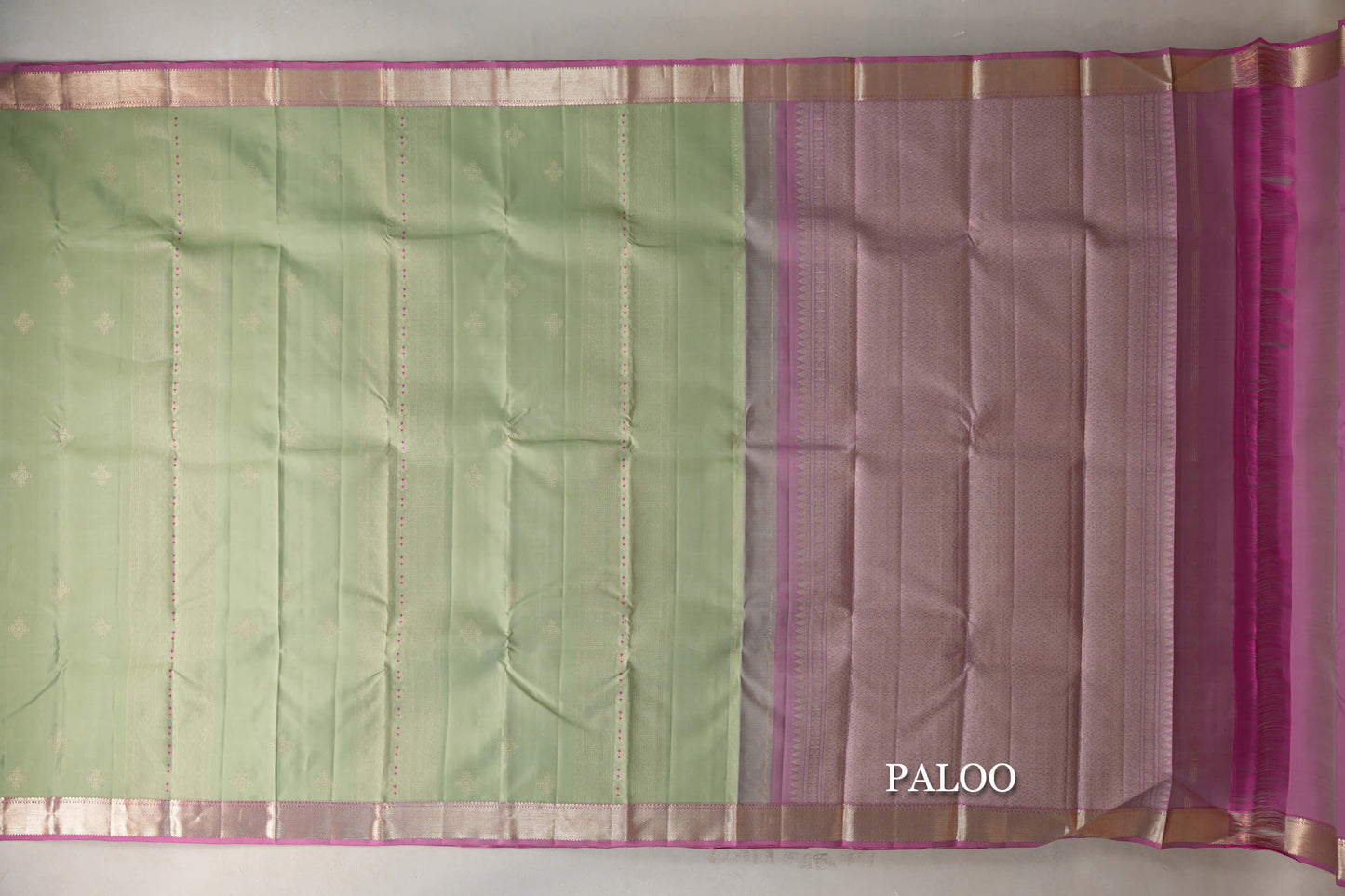 Pistachio Green with Dusty Pink Borders Vintage Kanjivaram Silk Saree paloo